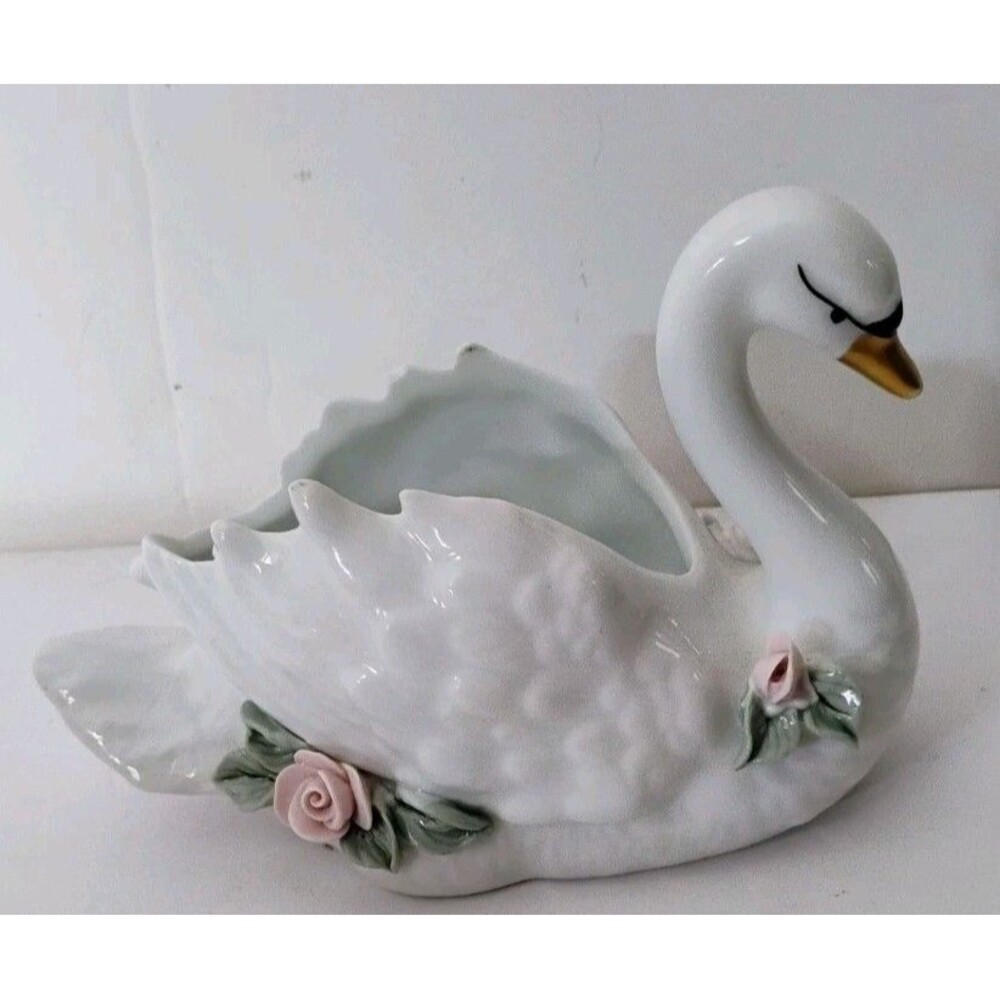 Vintage Gerold Porzellan West Germany Porcelain Swan Trinket Dish Planter Roses